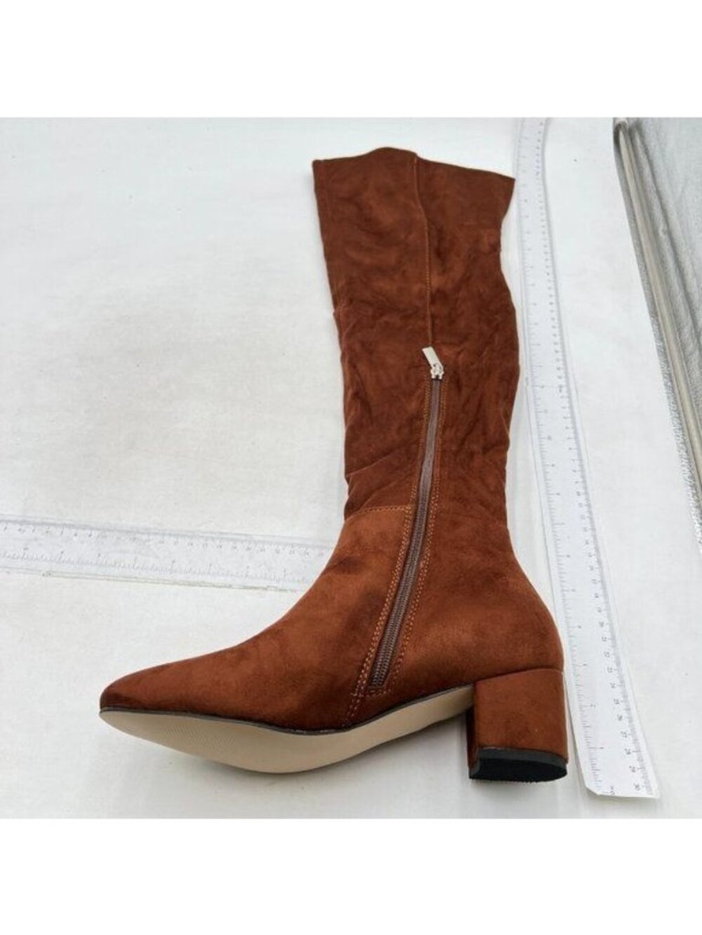 Thigh High Block Heel Boot Women Pointed Toe Stretch Over The Knee Boots Brown